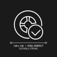 Vehicle tire safety pixel perfect white linear icon for dark theme. Wheel with checkmark. Transport quality control. Thin line illustration. Isolated symbol for night mode. Editable stroke vector