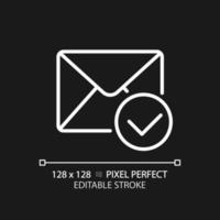 Envelope with checkmark pixel perfect white linear icon for dark theme. Email notification sign. Communication technology. Thin line illustration. Isolated symbol for night mode. Editable stroke vector