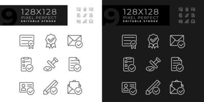 Checkmarks in business and education pixel perfect linear icons set for dark, light mode. Approved data signs. Thin line symbols for night, day theme. Isolated illustrations. Editable stroke vector