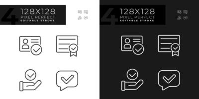 Checkmarks in paper approvement pixel perfect linear icons set for dark, light mode. Tick marks in business. Thin line symbols for night, day theme. Isolated illustrations. Editable stroke vector