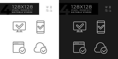 Checkmarks in digital technologies pixel perfect linear icons set for dark, light mode. Approved access to devices. Thin line symbols for night, day theme. Isolated illustrations. Editable stroke vector