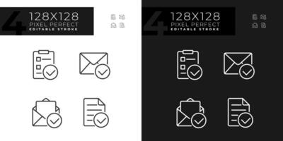 Documents with checkmarks pixel perfect linear icons set for dark, light mode. Approvement of business papers. Thin line symbols for night, day theme. Isolated illustrations. Editable stroke vector