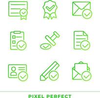 Checkmarks in business and education pixel perfect gradient linear vector icons set. Approved data signs. Thin line contour symbol designs bundle. Isolated outline illustrations collection