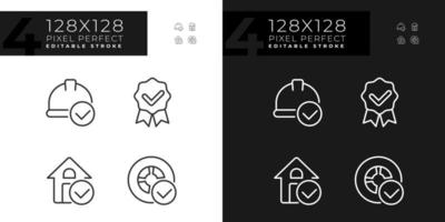 Achievements in industries pixel perfect linear icons set for dark, light mode. Check marks safe labour. Thin line symbols for night, day theme. Isolated illustrations. Editable stroke vector