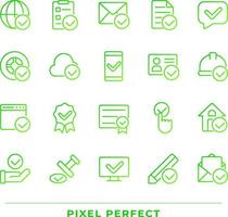 Checkmark pixel perfect gradient linear vector icons set. Information validation signs. Marks for correct data. Thin line contour symbol designs bundle. Isolated outline illustrations collection