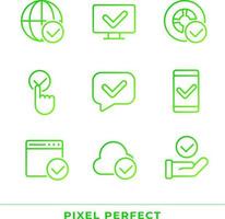 Checkmarks in communication pixel perfect gradient linear vector icons set. Approval marks in digital industry. Thin line contour symbol designs bundle. Isolated outline illustrations collection