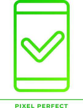 móvil teléfono con cheque marca píxel Perfecto degradado lineal vector icono. seguro comunicación vía teléfono inteligente Delgado línea color símbolo. moderno estilo pictograma. vector aislado contorno dibujo