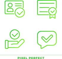 Checkmarks in paper approvement pixel perfect gradient linear vector icons set. Tick marks in business communication. Thin line contour symbol designs bundle. Isolated outline illustrations collection