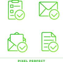 Documents with checkmarks pixel perfect gradient linear vector icons set. Approvement of business papers. Thin line contour symbol designs bundle. Isolated outline illustrations collection