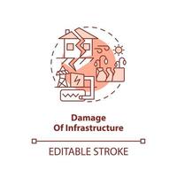 Damage of infrastructure red concept icon. Geothermal energy disadvantage abstract idea thin line illustration. Isolated outline drawing. Editable stroke vector