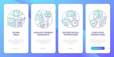 HACCP on practice blue gradient onboarding mobile app screen. Risk analysis walkthrough 4 steps graphic instructions with linear concepts. UI, UX, GUI template vector