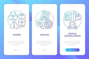 HACCP elements blue gradient onboarding mobile app screen. Food safety walkthrough 3 steps graphic instructions with linear concepts. UI, UX, GUI template vector