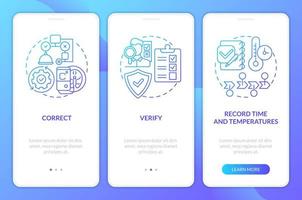 haccp en trabajo azul degradado inducción móvil aplicación pantalla. comida controlar recorrido 3 pasos gráfico instrucciones con lineal conceptos. ui, ux, gui modelo vector