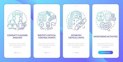 HACCP principles blue gradient onboarding mobile app screen. Risks reducing walkthrough 4 steps graphic instructions with linear concepts. UI, UX, GUI template vector