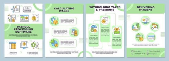 Payroll processing software green brochure template. Leaflet design with linear icons. Editable 4 vector layouts for presentation, annual reports