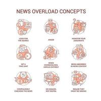 News overload red concept icons set. Negative effects of media. Information explosion idea thin line color illustrations. Isolated symbols. Editable stroke vector