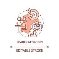 Divided attention red concept icon. Media overload. Obsessively reading news issue abstract idea thin line illustration. Isolated outline drawing. Editable stroke vector