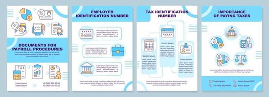 Documents for payroll procedures blue brochure template. Leaflet design with linear icons. Editable 4 vector layouts for presentation, annual reports