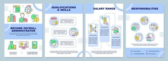 Become payroll administrator blue brochure template. Leaflet design with linear icons. Editable 4 vector layouts for presentation, annual reports