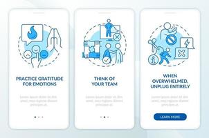 Stop stressing about news blue onboarding mobile app screen. Walkthrough 3 steps editable graphic instructions with linear concepts. UI, UX, GUI template vector