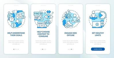 Stop doomsurfing tip for parents blue onboarding mobile app screen. Walkthrough 4 steps editable graphic instructions with linear concepts. UI, UX, GUI template vector