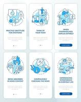 Media fatigue blue onboarding mobile app screen set. Infoxication walkthrough 3 steps editable graphic instructions with linear concepts. UI, UX, GUI template vector