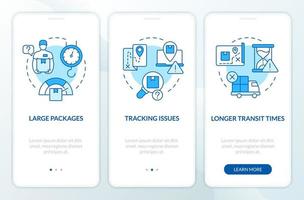 Traditional post office drawbacks blue onboarding mobile app screen. Walkthrough 3 steps editable graphic instructions with linear concepts. UI, UX, GUI template vector