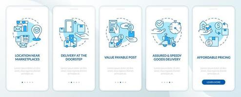 Postal service advantages blue onboarding mobile app screen. Walkthrough 5 steps editable graphic instructions with linear concepts. UI, UX, GUI template vector