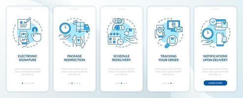 Shipping company services blue onboarding mobile app screen. Walkthrough 5 steps editable graphic instructions with linear concepts. UI, UX, GUI template vector