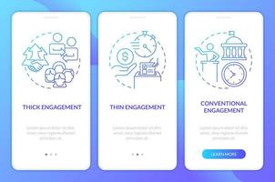 Types of social involvement blue gradient onboarding mobile app screen. Walkthrough 3 steps graphic instructions with linear concepts. UI, UX, GUI template vector