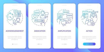 Types of social media interaction blue gradient onboarding mobile app screen. Walkthrough 4 steps graphic instructions with linear concepts. UI, UX, GUI template vector