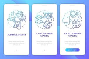 Digital marketing analytics layers blue gradient onboarding mobile app screen. Walkthrough 3 steps graphic instructions with linear concepts. UI, UX, GUI template vector