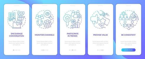 Effective involvement blue gradient onboarding mobile app screen. Social media walkthrough 5 steps graphic instructions with linear concepts. UI, UX, GUI template vector