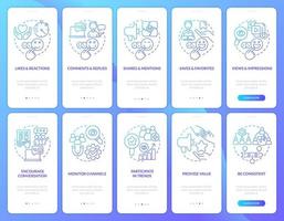 Social media involvement blue gradient onboarding mobile app screen set. Walkthrough 5 steps graphic instructions with linear concepts. UI, UX, GUI template vector