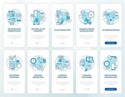 Delivery service advantages blue onboarding mobile app screen. Walkthrough 5 steps editable graphic instructions with linear concepts. UI, UX, GUI template vector