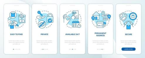 Using mailboxes benefits blue onboarding mobile app screen. Walkthrough 5 steps editable graphic instructions with linear concepts. UI, UX, GUI template vector