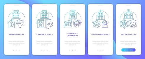 Schools and service providers blue gradient onboarding mobile app screen. Walkthrough 5 steps graphic instructions with linear concepts. UI, UX, GUI template vector