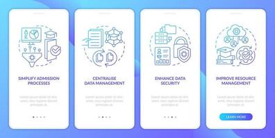 Industry specific ERP benefits blue gradient onboarding mobile app screen. Walkthrough 4 steps graphic instructions with linear concepts. UI, UX, GUI template vector