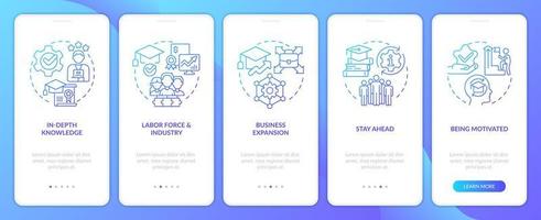 Industry specific education blue gradient onboarding mobile app screen. Skills walkthrough 5 steps graphic instructions with linear concepts. UI, UX, GUI template vector