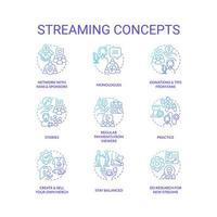 Streaming platform blue gradient concept icons set. Cyber sport streamer. Broadcast live videos idea thin line color illustrations. Isolated symbols vector