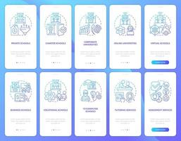 Education service providers blue gradient onboarding mobile app screen set. Walkthrough 5 steps graphic instructions with linear concepts. UI, UX, GUI template vector