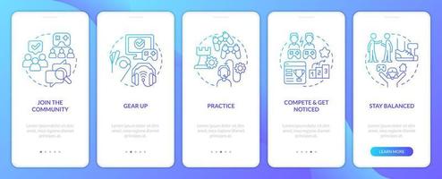 Become gaming streamer blue gradient onboarding mobile app screen. Esports walkthrough 5 steps graphic instructions with linear concepts. UI, UX, GUI template vector