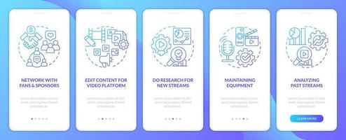 Online streamer work schedule blue gradient onboarding mobile app screen. Walkthrough 5 steps graphic instructions with linear concepts. UI, UX, GUI template vector