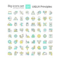 UI UX principles RGB color big icons set. User experience design. Product usability. Isolated vector illustrations. Simple filled line drawings collection. Editable stroke