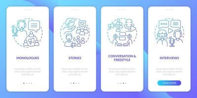 Online show types blue gradient onboarding mobile app screen. Social media. Walkthrough 4 steps graphic instructions with linear concepts. UI, UX, GUI template vector