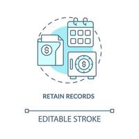 Retain records turquoise concept icon. Financial documents. Payroll processing step abstract idea thin line illustration. Isolated outline drawing. Editable stroke vector