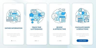 Payroll processing stages blue onboarding mobile app screen. Wage walkthrough 4 steps editable graphic instructions with linear concepts. UI, UX, GUI template vector