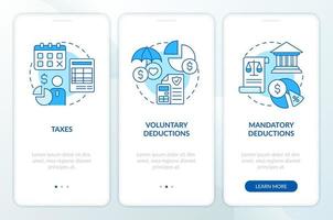 Payroll deductions types blue onboarding mobile app screen. Withhold walkthrough 3 steps editable graphic instructions with linear concepts. UI, UX, GUI template vector