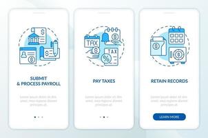 Stages of payroll processing blue onboarding mobile app screen. Walkthrough 3 steps editable graphic instructions with linear concepts. UI, UX, GUI template vector