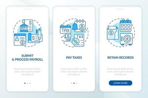 etapas de nómina de sueldos Procesando azul inducción móvil aplicación pantalla. recorrido 3 pasos editable gráfico instrucciones con lineal conceptos. ui, ux, gui modelo vector